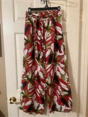 Joppa Red Tropical Print Pleated High-Waist Cropped Wide Leg Linen Blend Pants S